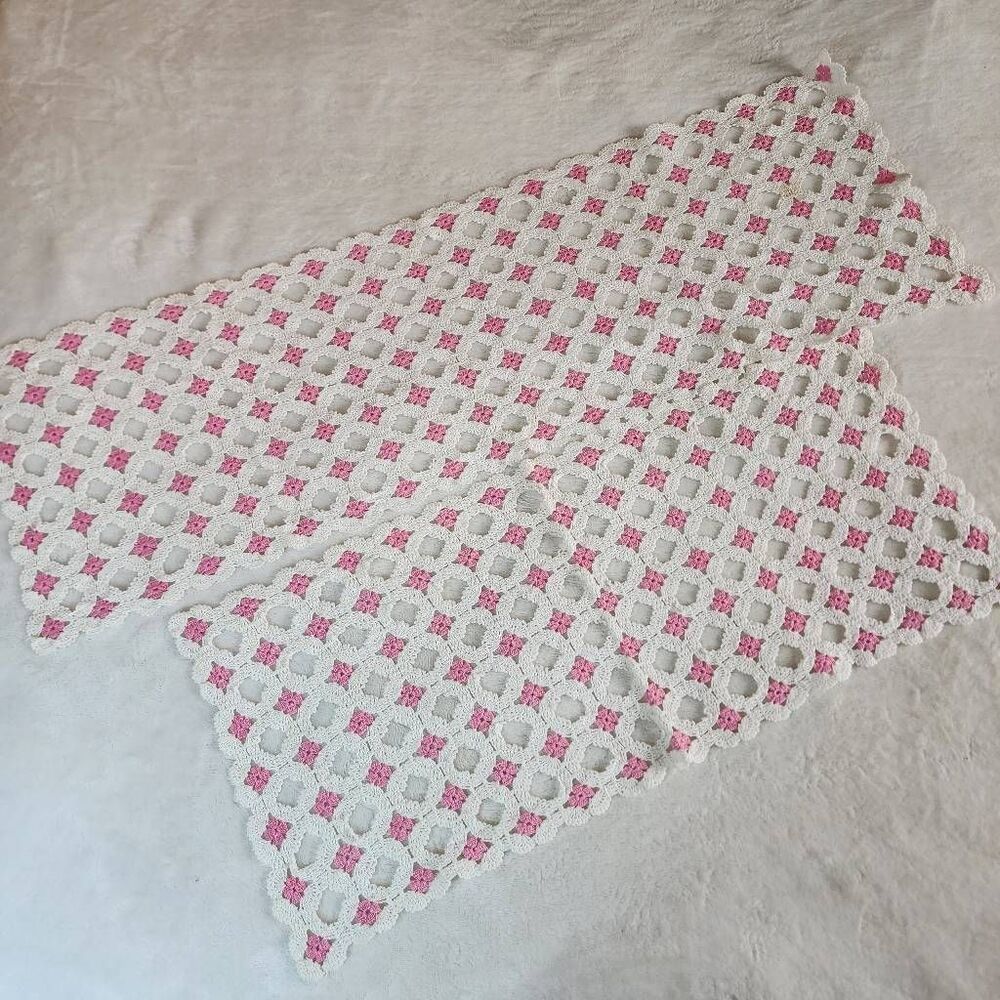 Vintage Handmade Set Of 2 Crocheted Pink and White Table Runners